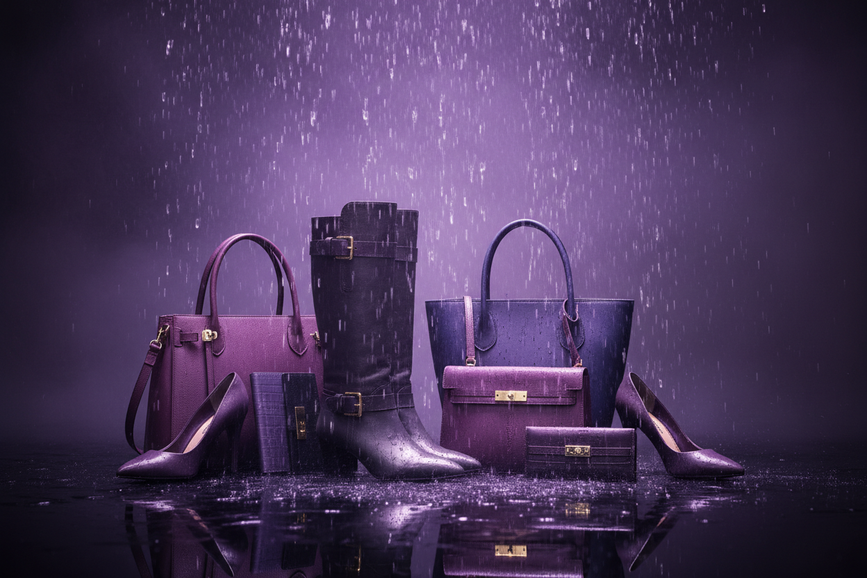 immagine di scarpe donna portafogli borse con pioggia viola